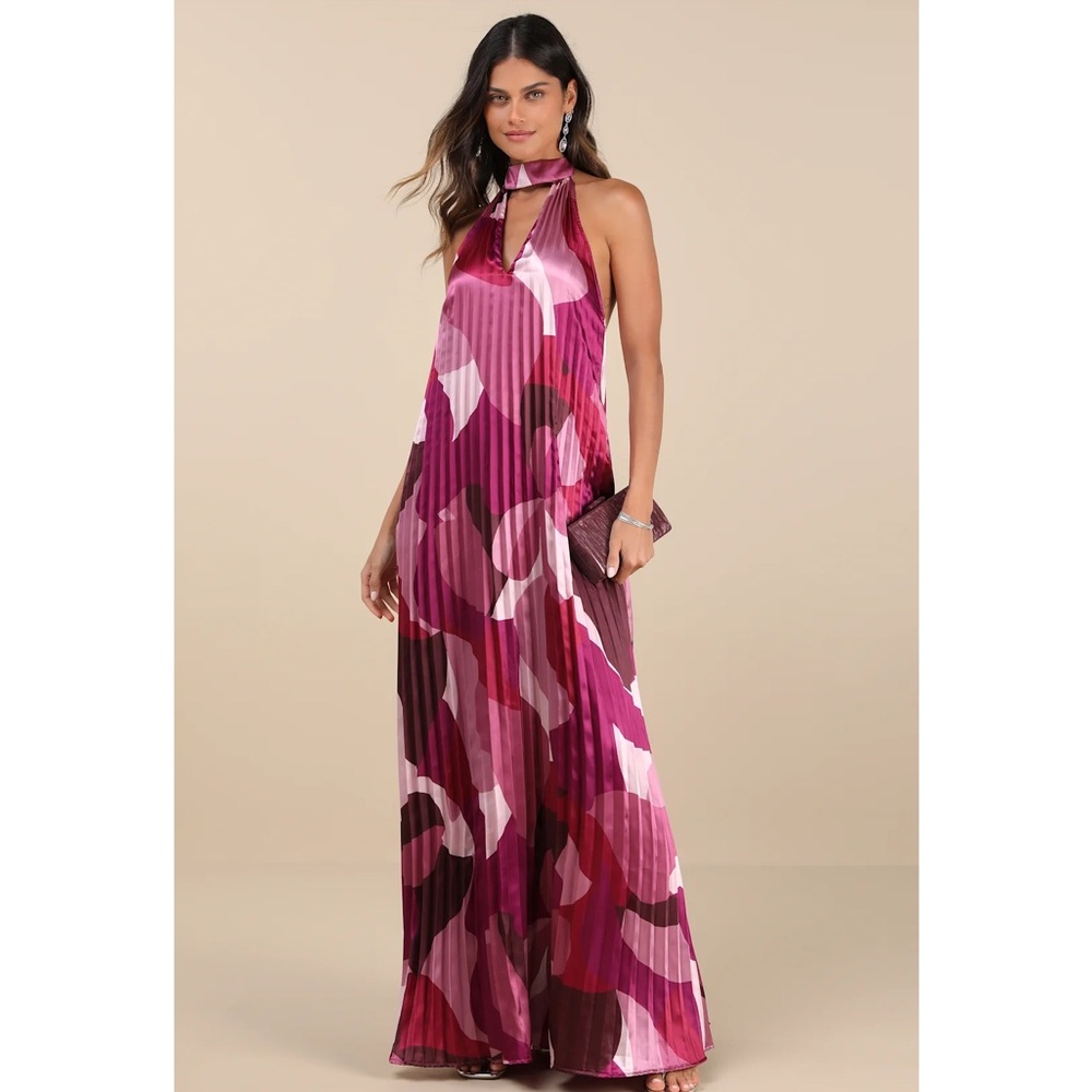 Lulus Prime Poise Pink Multi Abstract Satin Halter Pleated Maxi Dress NWT Med